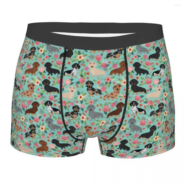 Calzoncillos Hombres Dachshund Floral Vintage Florals Perro Boxer Calzoncillos Pantalones Cortos Bragas Ropa Interior Transpirable Animal Masculino Sexy S-XXL