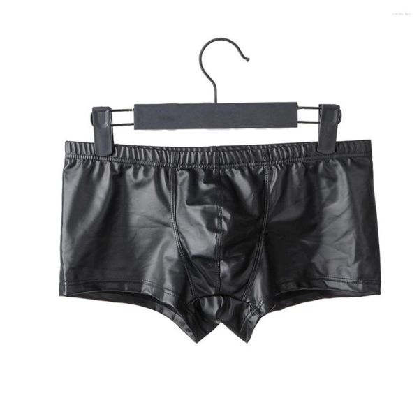 Calzoncillos hombres imitación cuero patente boxer calzoncillos sexy u bolsa convexa negro troncos apretados moda ropa interior de metal