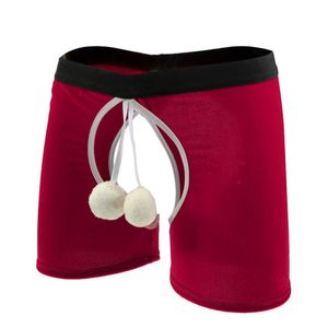 Caleçon Hommes Fluffy Ball Décor Boxer Shorts Velours Crotchless Sous-Vêtements Ceinture Élastique Culotte Cadeaux D'anniversaire Rouge Lingerie 230420