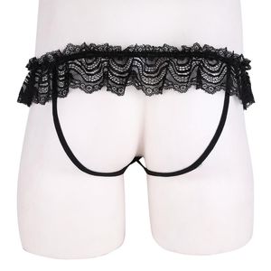 Sous-vêtements Hommes Gay Sissy Lingerie Mâle Sexy Perspective Voir À Travers Maille Dentelle Bowknot Ouvert BuJockstrap Bikini Briefs Sous-Vêtements UnderpantUnde