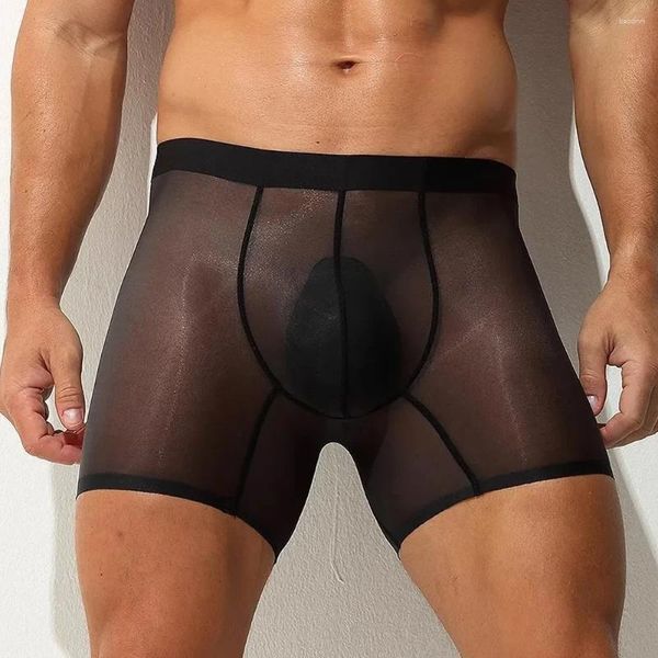 Sous-vêtements hommes glace sous-vêtements en soie taille moyenne Shorts culottes boxeurs longs slips Transparent Jockstrap Ultra-mince Bikini Boxer