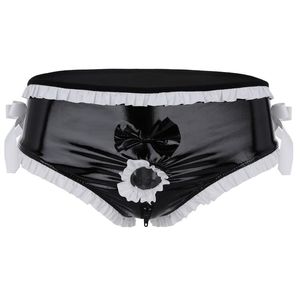 Sous-vêtements hommes Lingerie brillant Faux cuir ouvert devant sous-vêtements Bikini anneau de pénis fermeture éclair entrejambe Sissy hommes BoxerUnderpants