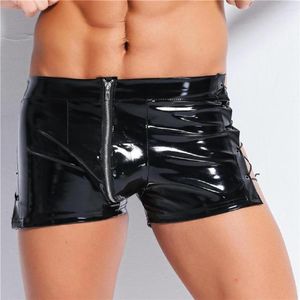 Onderbroek mannen lingerie trunks shorts mannelijke latex pvc open crotch ritsers fetisj gay faux lederen veter omhoog korte broek clubkleding