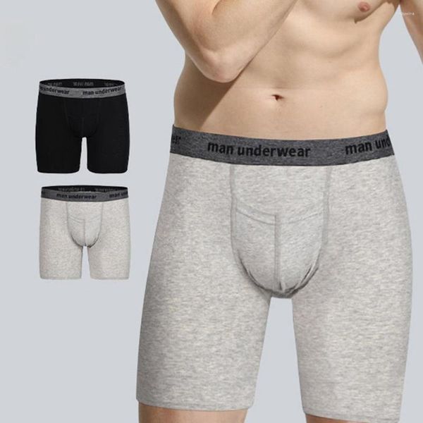 Calzoncillos para hombre, ropa interior deportiva de pierna larga, calzoncillos Boxer de algodón de tiro medio, pantalones cortos, bolsa suave, bragas transpirables para hombre