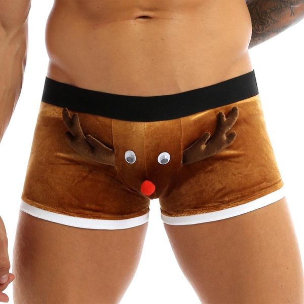 Caleçon Homme Homme Noël Elk Boxer Short Sous-Vêtements Ceinture Élastique Pleuche Père Noël Costume De Vacances Pantalon Court