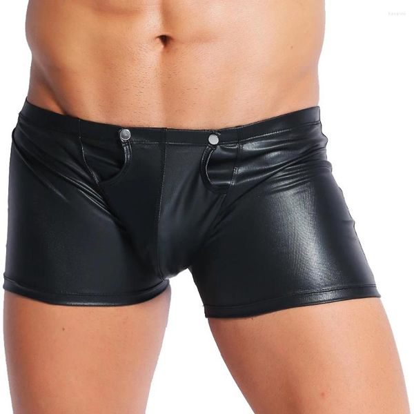 Calzoncillos para hombre, pantalones cortos de charol, Sexy, negro, con cremallera trasera, Boxer de PU, lencería erótica con aspecto húmedo, ropa interior masculina para DJ, fetiche, ropa de Club