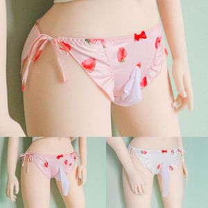 Slip hommes rose taille basse fraise imprimé Sissy Gay poche culotte mignon à lacets string slips Bikini sous-vêtements masculins