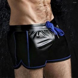 Onderbroek mannen punk pu lederen slanke motorbroeken vaste kleur plus size zachte boksers shorts elastische band penis pouch l - 3xl