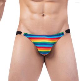 Slip Hommes Rainbow Stripe Briefs Sexy Big Peni Bulge Pouch Culotte Été Haute Fente Respirant Sous-Vêtements Doux Comfy Underpant Shorts