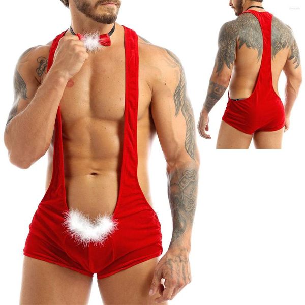Caleçon Hommes Rouge Doux Velours De Noël Sous-Vêtements Santa Cosplay Fantaisie Costume Singulet Sexy Mankini Boxer Avec Noeud Papillon Mâle De Noël