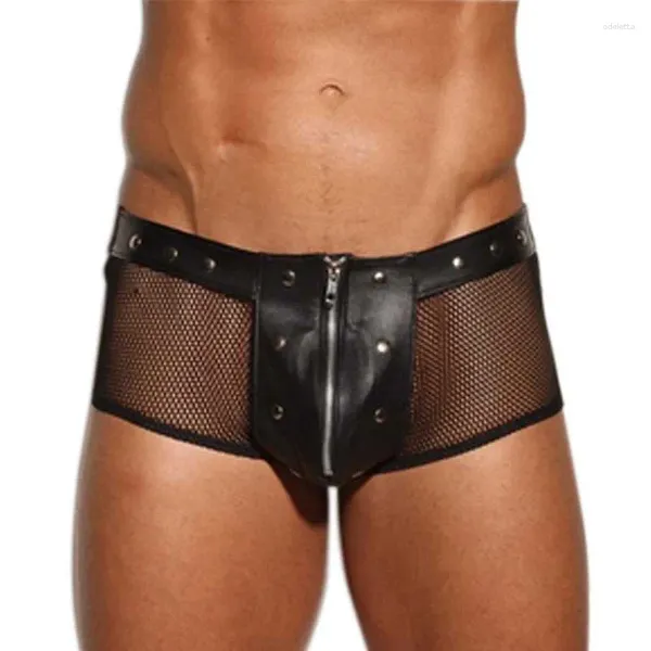 Calzoncillos Bóxer de piel sintética negros para hombre, lencería Punk transparente de rejilla, ropa interior con cremallera frontal abierta, bragas Gay