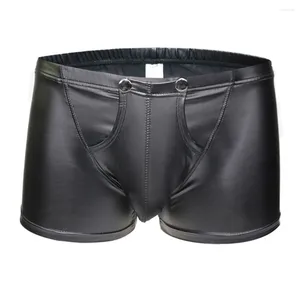 Onderbroek heren boxer sexy kunstleer ondergoed wetlook nachtclub knop open zakje korte shorts broek slip homme cueca