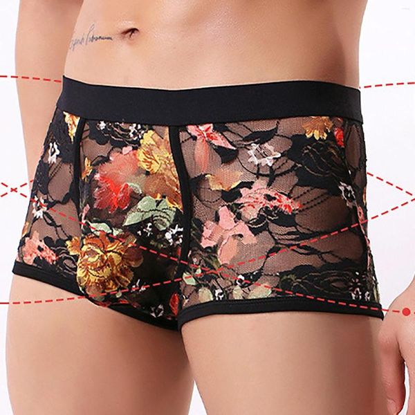 Sous-vêtements pour hommes Boxer Shorts sous-vêtements amusants taille basse dentelle brodée imprimée sexy transparente quatre coins