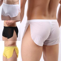 Calzoncillos Bóxer para hombre, pijamas, ropa interior de malla con abertura lateral, bragas de cintura baja, ropa de dormir ultrafina, ropa de casa informal