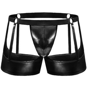 Slips pour Hommes sous-vêtements Brillant Faux Cuir PU Hommes Boxer sous-vêtements drôle Creux Dos Ouvert Sexy Lingerie Shorts mâle Taille Basse caleçons