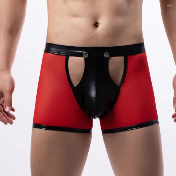 Sous-vêtements pour hommes boutonnés coins plats sous-vêtements boxer shorts respirant taille basse évidé cuir verni style maille