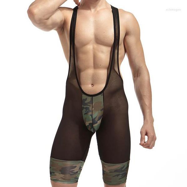 Caleçon homme Camouflage Patchwork sous-vêtement haute qualité hommes body Nylon Ultra mince pure lutte Singlet