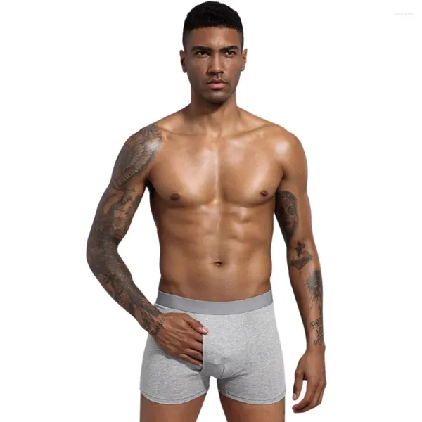 Calzoncillos Boxer de algodón suave y transpirable para hombre, calzoncillos de Color sólido con abertura en la entrepierna convexa en U, cómodos pantalones cortos elásticos