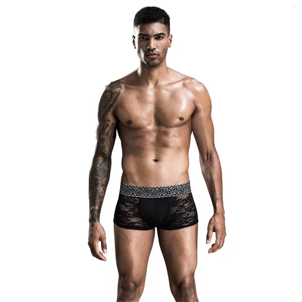 Sous-vêtements pour hommes Fun dentelle sauvage noir voir à travers des pantalons en maille cinq quarts extensibles boxeurs sexy sous-vêtements de contention pour hommes