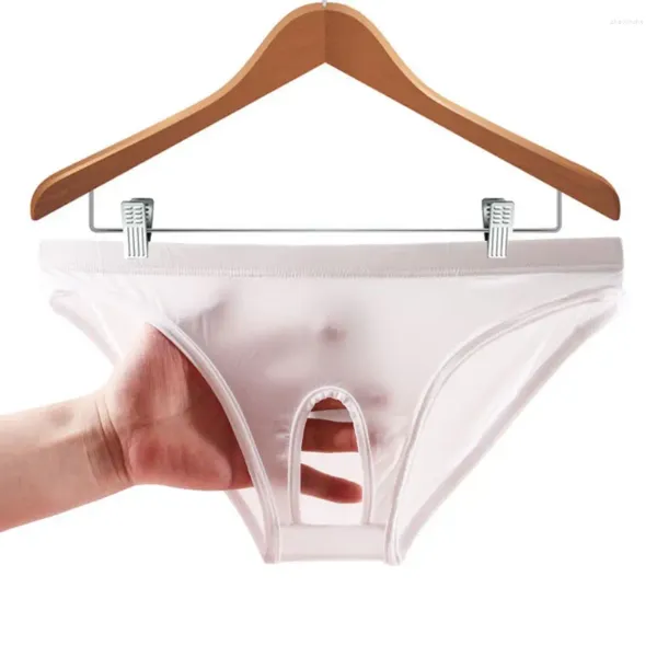 Calzoncillos Ropa interior divertida para hombres Calzoncillos sin tiras Pantalones triangulares Pantalones abiertos Cintura baja Sexy Hueco Seda de hielo Gay Slips Lencería Cueca