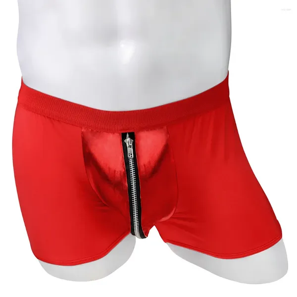 Sous-vêtements pour hommes drôle U poche convexe sous-vêtements Gays mode taille moyenne Boxer Shorts Sissy glace soie cuir fermeture éclair Arp pantalon bas culotte