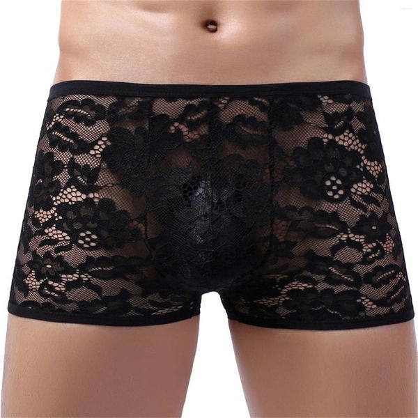 Slips Hommes Dentelle Strings Sex Pouch Boxer Shorts Transparent Gays Sous-vêtements Érotique Solide Haute Élastique Respirant Slip Homme Calzoncillos