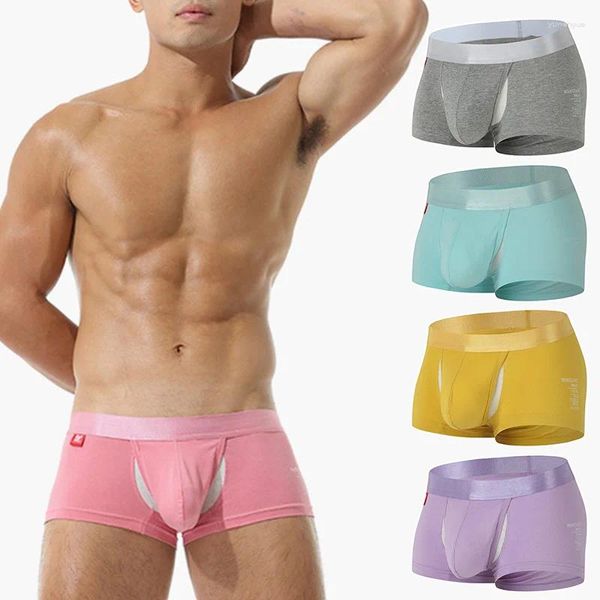 Calzoncillos Boxers de algodón de cintura media para hombres ropa interior transpirable U convexo frente abierto pantalones cortos sexy bragas bolsa bulto masculino