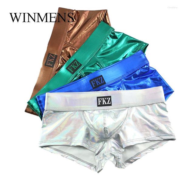 Caleçon hommes PU cuir culotte jeunesse or estampage élastique Boxer Shorts sous-vêtements coloré glace soie mâle carré troncs