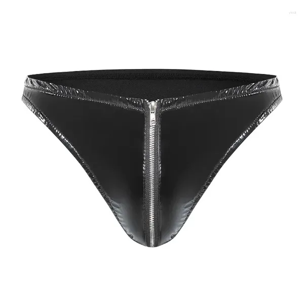 Calzoncillos Lencería de PVC para hombre Aspecto mojado Cuero con cremallera Bolsa Bragas Calzoncillos Tanga Ropa interior Apretada Noche Fiesta Clubwear