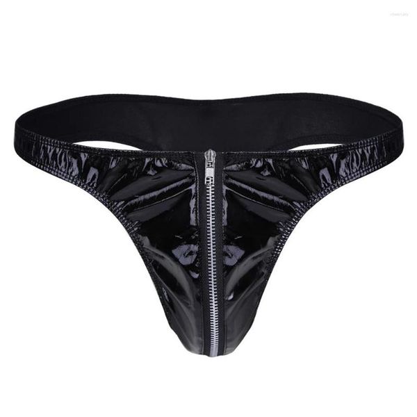 Calzoncillos de cuero brillante con espejo de PVC para hombre, bragas abiertas con cremallera, ropa interior Sexy de cintura media de talla grande ajustada con entrepierna en T