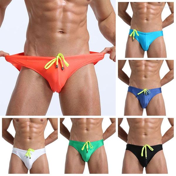 Calzoncillos de secado rápido para hombre, bañadores de playa con cordones, pantalones deportivos, calzoncillos de baño para hombre, bragas de cintura baja, traje de baño de Color sólido de nailon