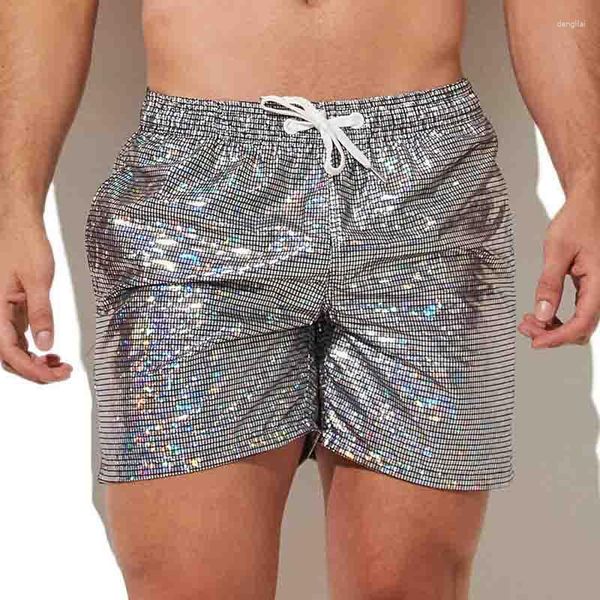 Calzoncillos Lentejuelas para Hombres Pantalones Cortos Sueltos Casuales Bolsillo Brillante Club Nocturno Boxeadores De Baile Traje De Club Gay Hombres Ropa Interior Ligera Colorida Reflectante