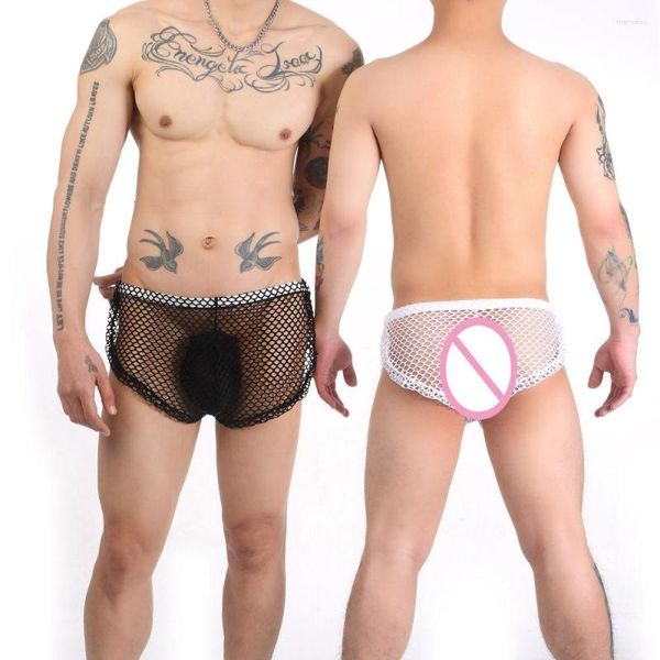 Calzoncillos Hombres Sexy Arro Big Mesh Button Side Split Flat Corner Pantalones Diversión Tanga Gay Slip Lencería Cueca Calzoncillos