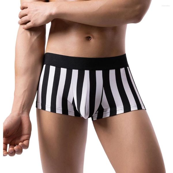 Sous-vêtements Boxer noir sexy pour hommes, sous-vêtements avec design sans couture et poche bombée, tailles M L XL, motif rayé classique