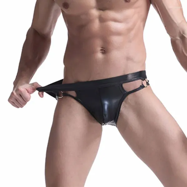 Calzoncillos para hombre, ropa interior Sexy elástica de cuero PU, ropa interior calada, calzoncillos con correa, Tanga, bolsa de Tanga, bragas masculinas con anillo de hierro