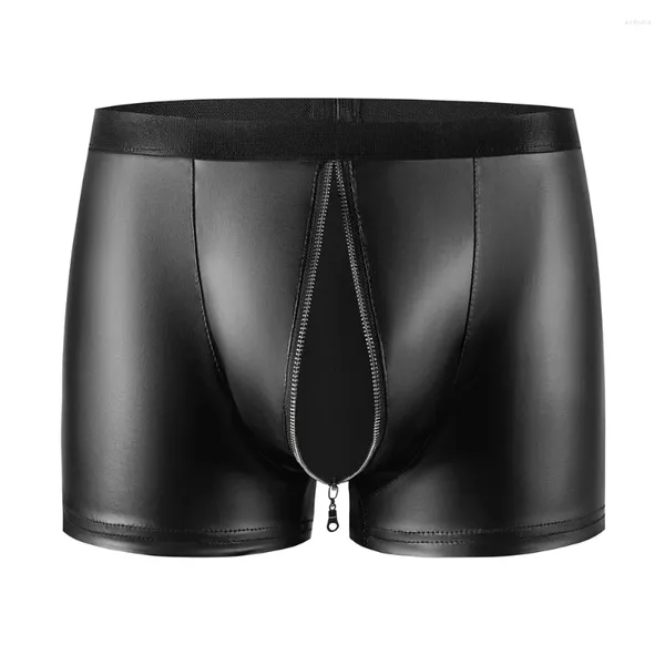 Calzoncillos Boxers de cuero sexy para hombres Pantalones cortos con cremallera Entrepierna abierta Lencería sintética Traje de escenario Calzoncillos calzoncillos