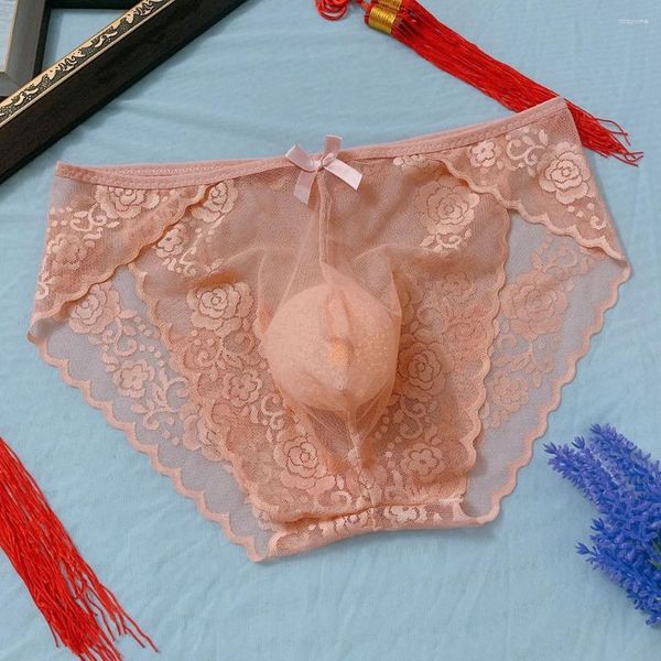 Pantalias de bragas sexy para hombres encaje sin costura cintura baja u convexa ropa interior mariquita mira a través de lencería transparen ultra delgada resumen transpirable