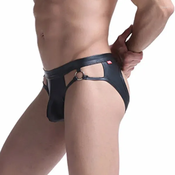 Sous-vêtements hommes sexy en cuir PU slips dos creux fesses exposées érotique taille basse Jock sangle culotte poche convexe