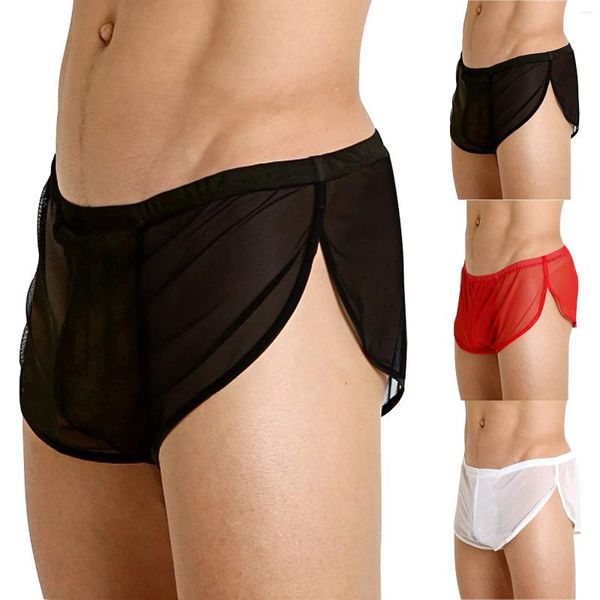 Calzoncillos ropa interior sexy para hombres calzoncillos de malla transpirable pantalones cortos para hombre ver a través con gran división rojo blanco negro