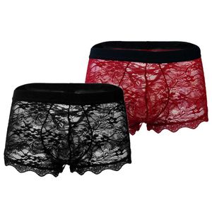 Onderbroek Heren Sexy Ondergoed Kant Transparant Mesh Lage Taille Boyshort Zwart Rood Heren Ondergoed Boxers Ademend Ropa Interieur Hombre J230713