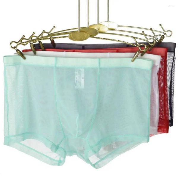 Sous-vêtements pour hommes minces sous-vêtements transparents Boxer Shorts taille moyenne maille sexy sac de pantalon de coin plat respirant et