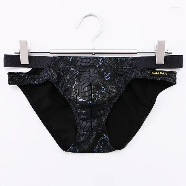 Calzoncillos Ropa interior para hombres Cintura baja Sexy Hollow Out Triángulo Pantalones Imitación Piel de serpiente Bolsa grande U Bikini elevado