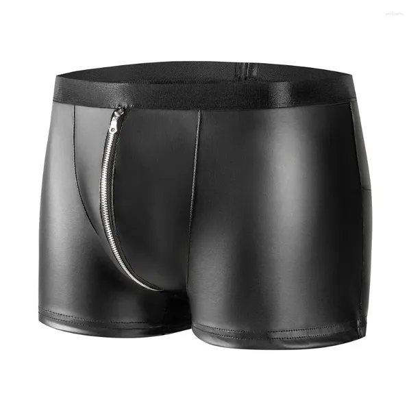 Calzoncillos con cremallera para hombre, Boxers de cuero PU con entrepierna abierta, pantalones cortos, calzoncillos Boxer sexys de imitación, Boxershorts con bolsa convexa para hombre