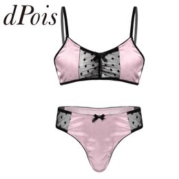 Onderbroek mannen satijnen lingerie pak messen pure mesh patchwork verstelbare spaghetti riem bh bra tops met slagen strings nachtkleding ondergoed ondergoed