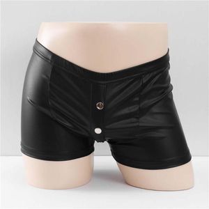Slip hommes Sexy Boxer Imitation cuir boxeurs sous-vêtements détachable bouton culotte slips homme Shorts Gay vêtements homme