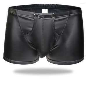 Caleçons Hommes Sexy Boxers Gay Sous-Vêtements En Cuir Taille Basse Détachable U Poche Convexe Mâle Culottes Shorts