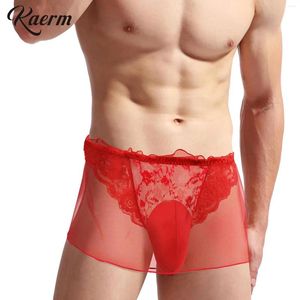 Men de sous-pants hommes sexy exotique voir à travers en dentelle en dentelle à double caler short boxer mini jupe lingerie gonfl