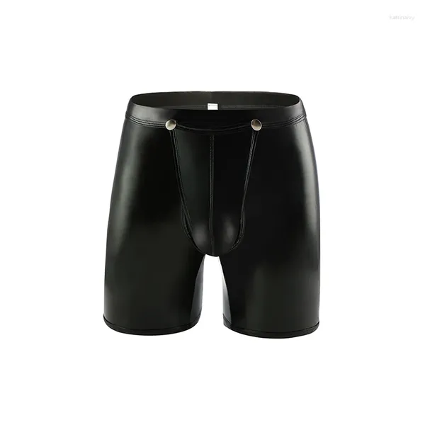 Men de sous-pants Men Sexy Faux Leather Long Boxer Gym Shorts Big Pouch Lingerie Bouton avant ouvrir sous-vêtements