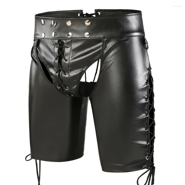 Sous-vêtements hommes sexy faux cuir shorts dos nu ouvert entrejambe discothèque porter fétiche pantalon court gay mâle mode bandage punk costume