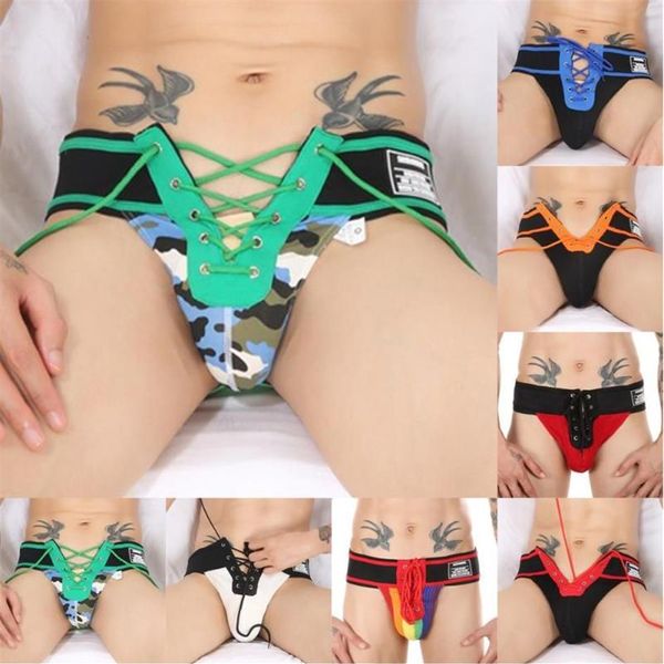 Calzoncillos Hombres Sexy G-String Lace Up Bragas Breve Bulge Bolsa Jockstrap Boxer Sólido Porno Lencería Nalgas Hollow Thongs Erótico U280u